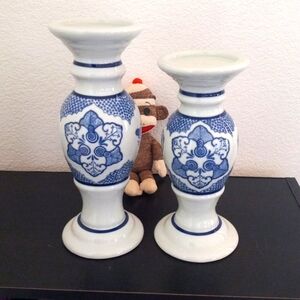 Set of Blue & White Ceramic Candle Holders